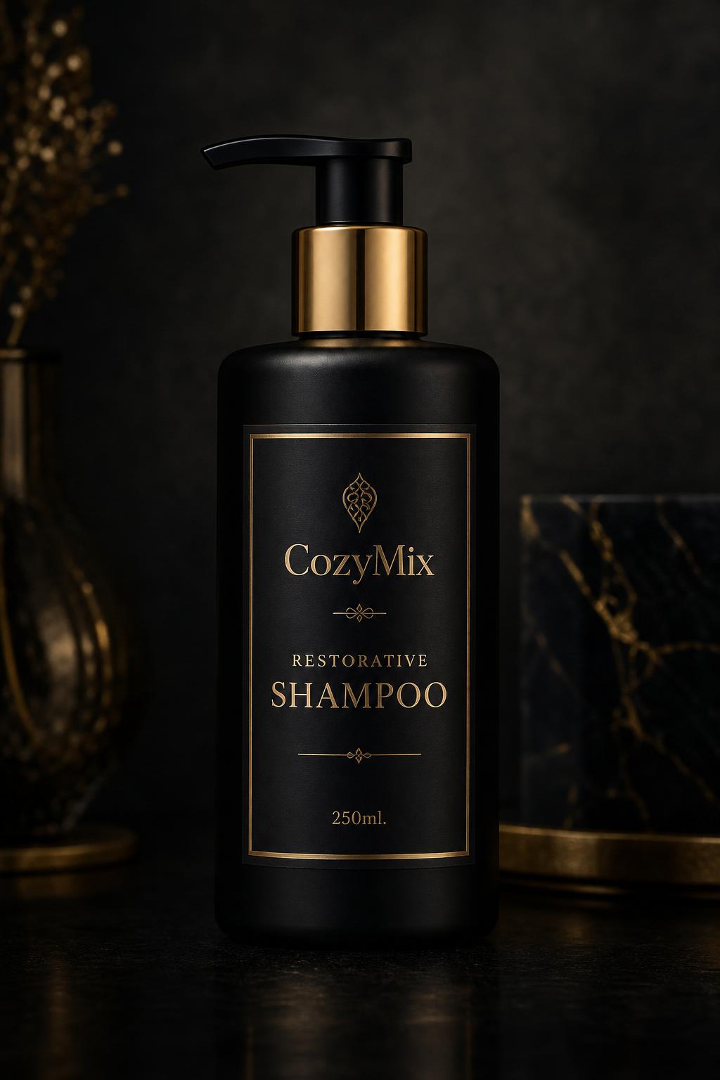 CozyMix Restorative Shampoo bottle in matte black with gold label